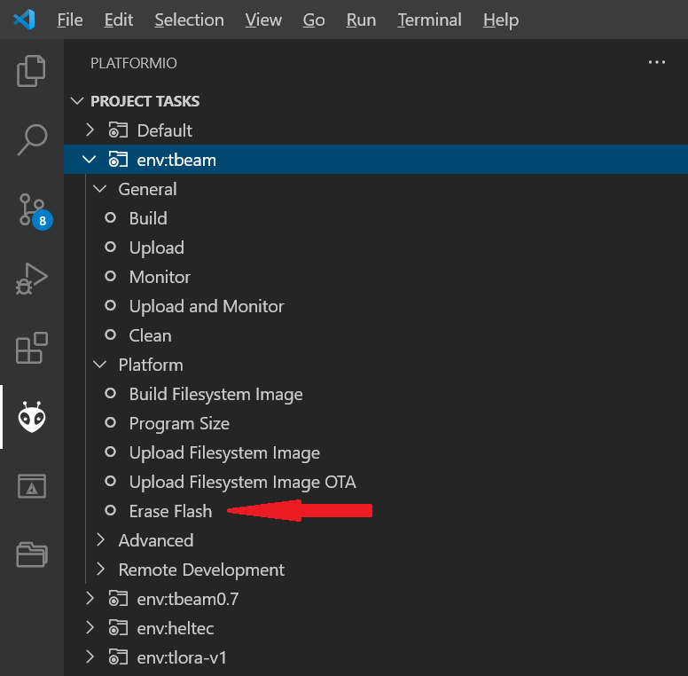 Erasing the flash using PlatformIO in Visual Studio Code